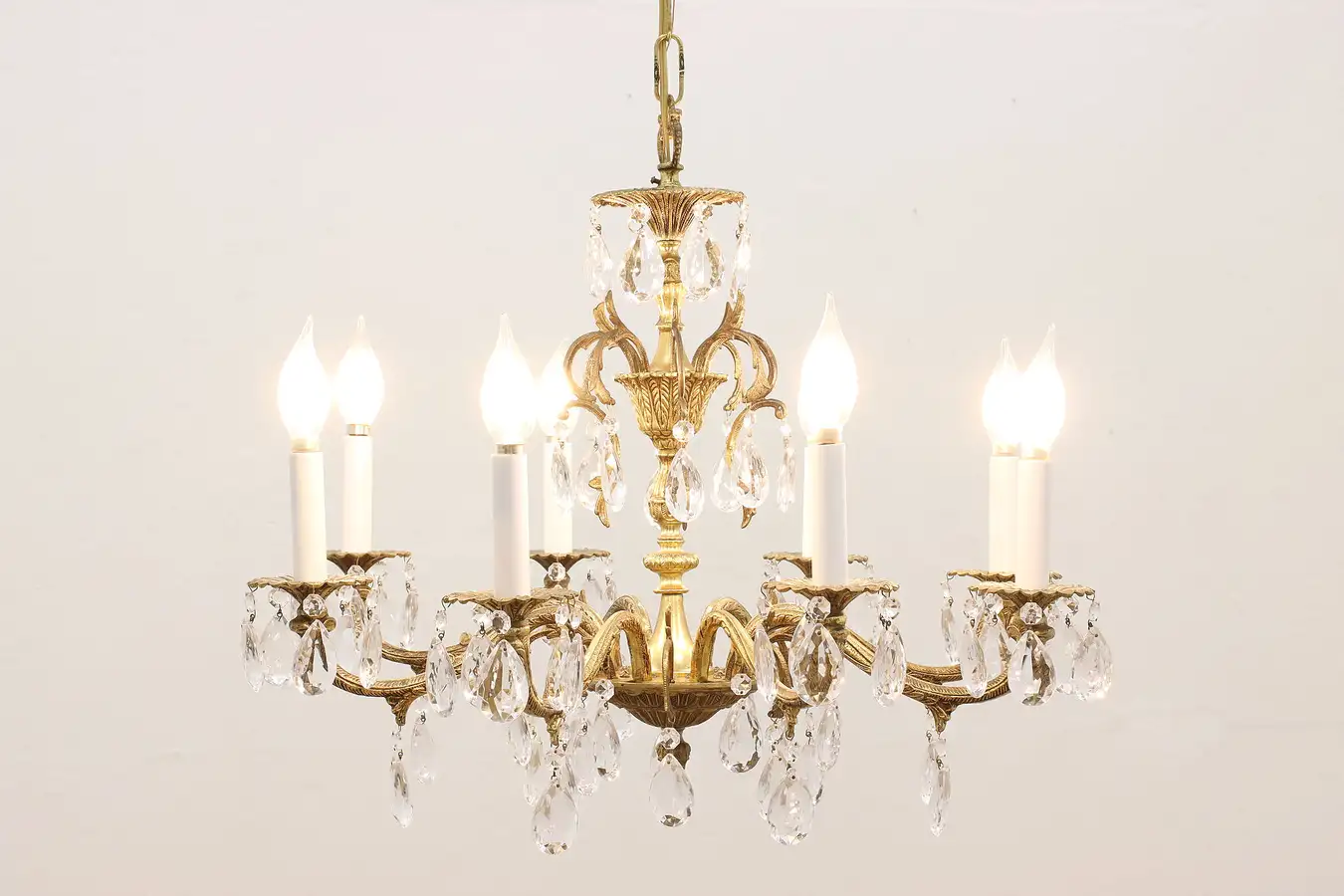 Main image of Regency Design Vintage 8 Arm Brass Chandelier, Crystal Prisms