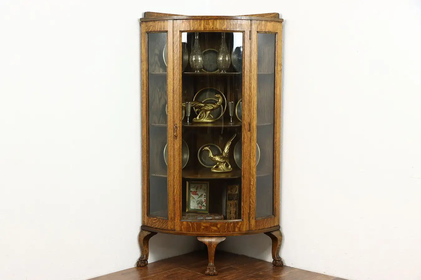 Main image of Oak Antique Curved Glass Corner Display Cabinet, Paw Feet