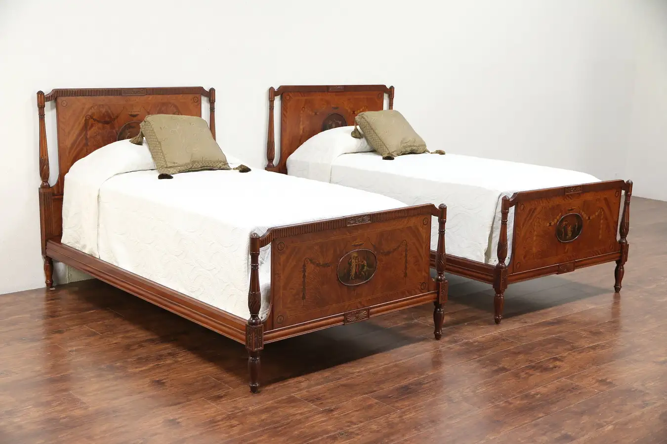 Main image of Pair Antique Twin or Single Beds, Satinwood & Rosewood, Classical Scenes