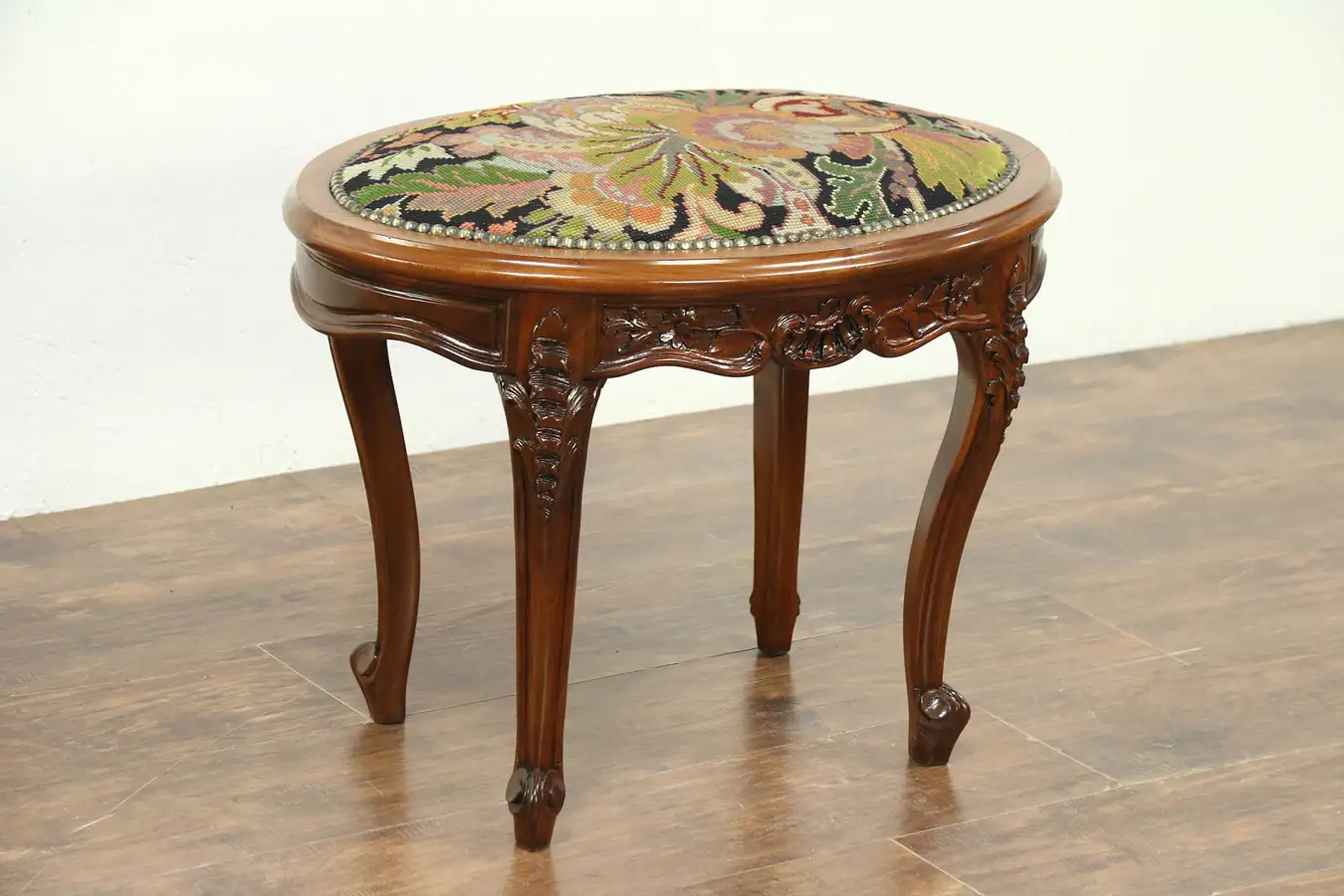 Main image of Oval Antique Mahogany Bench or Footstool, Needlepoint Upholstery, France