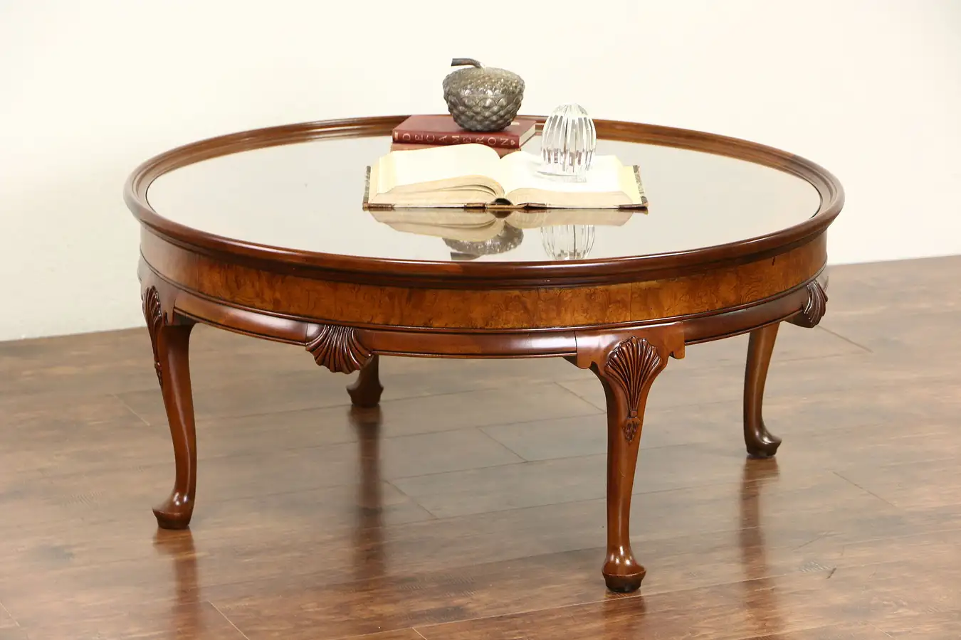 Main image of Baker Signed Round Vintage Carved Walnut & Burl Coffee Table