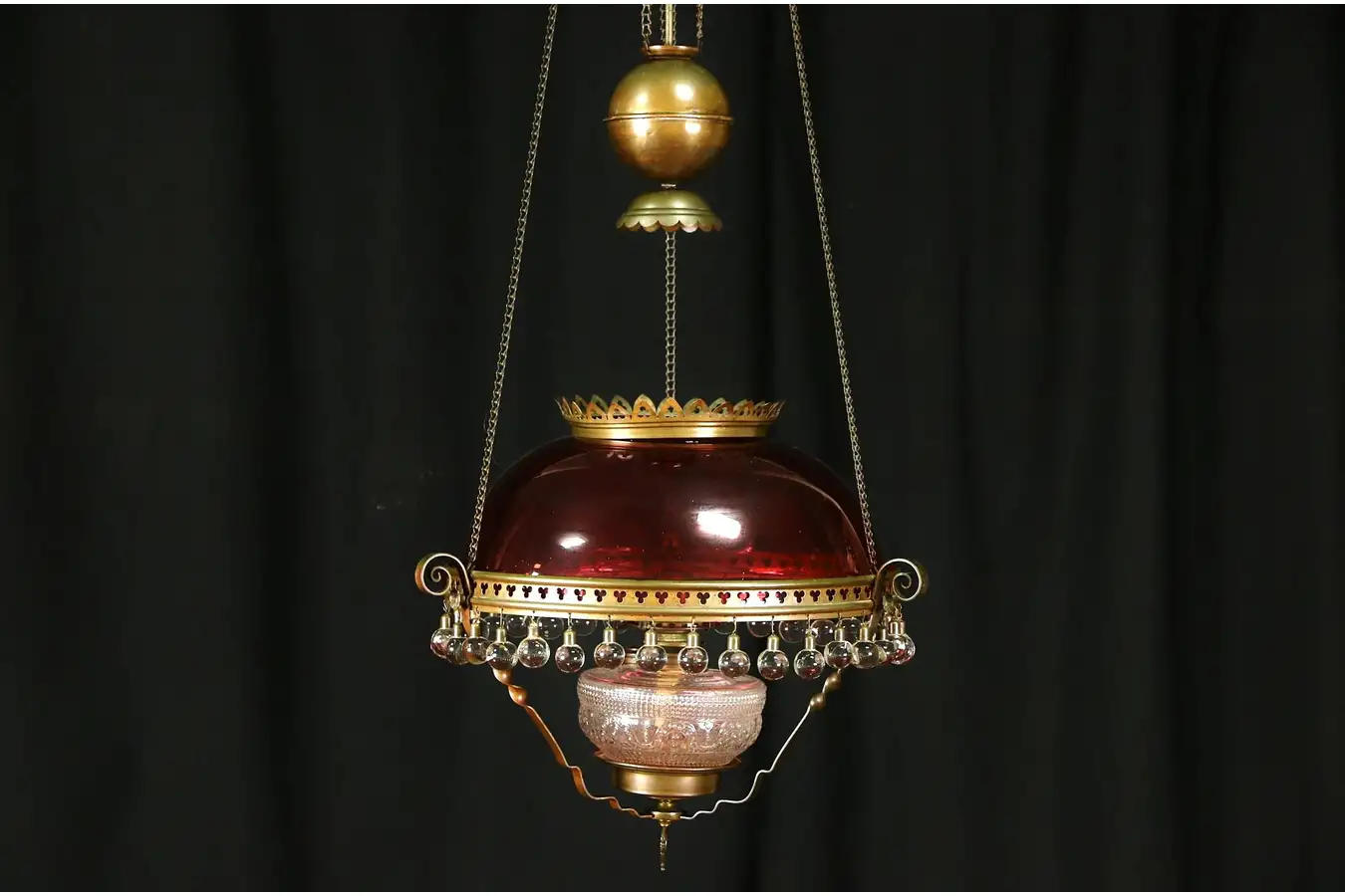 Main image of Victorian 1880 Antique Hanging Light Kerosene Lamp, Cranberry Shade, Ball Prisms