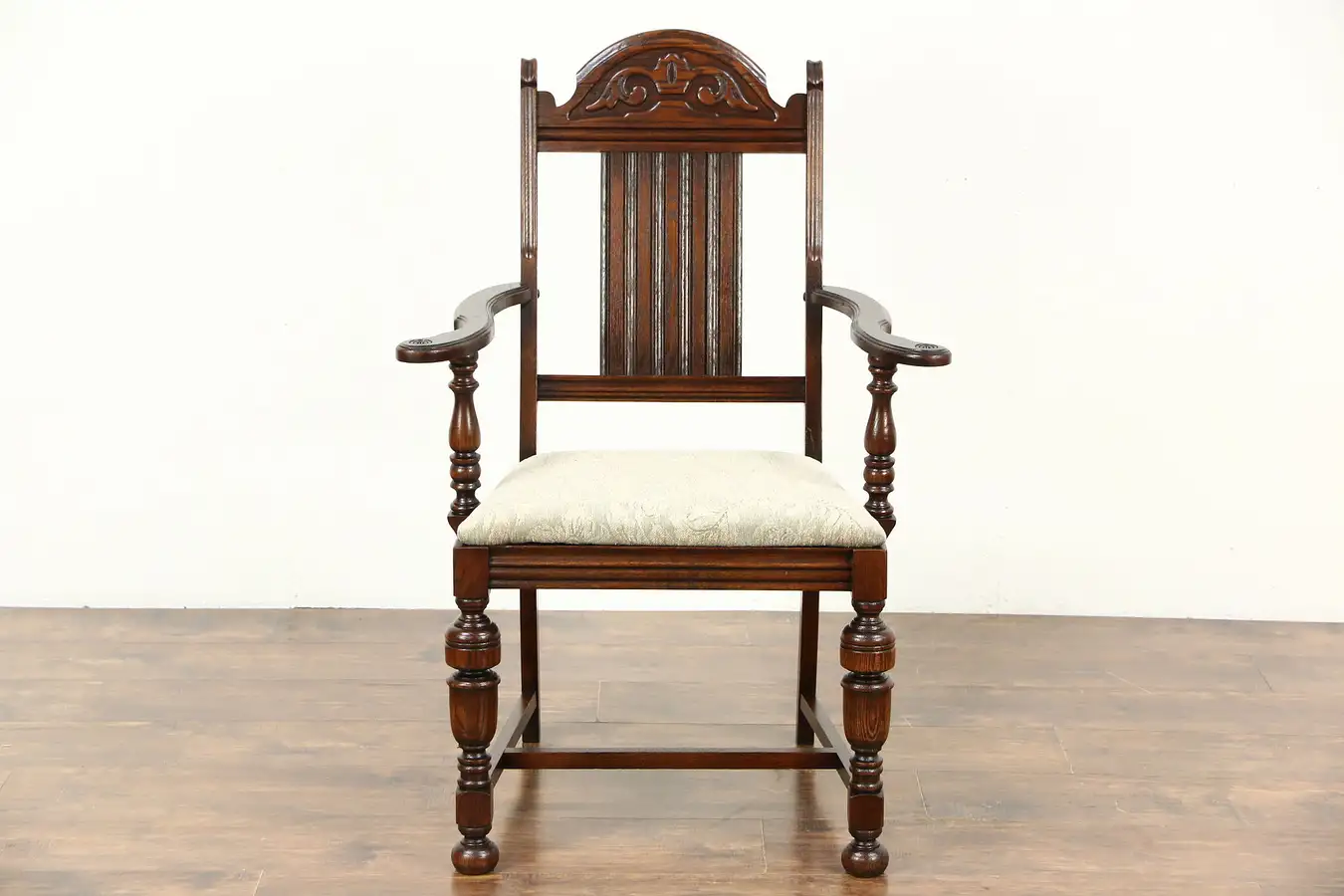 Main image of English Tudor Oak 1920 Antique Desk Chair or Dining Armchair, New Upholstery