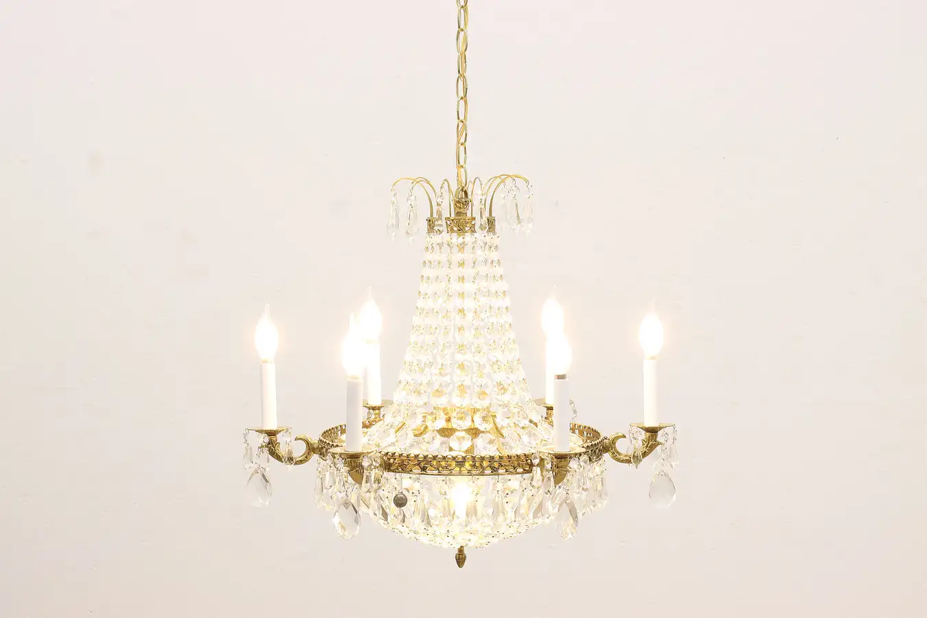Main image of Swedish Vintage 6 Candle Brass Chandelier Crystal Prisms