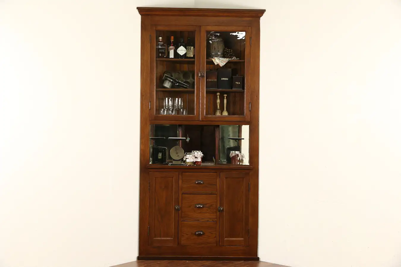 Main image of Oak Corner Cupboard, 1900 Antique Cabinet, Glass Doors & Mirrors