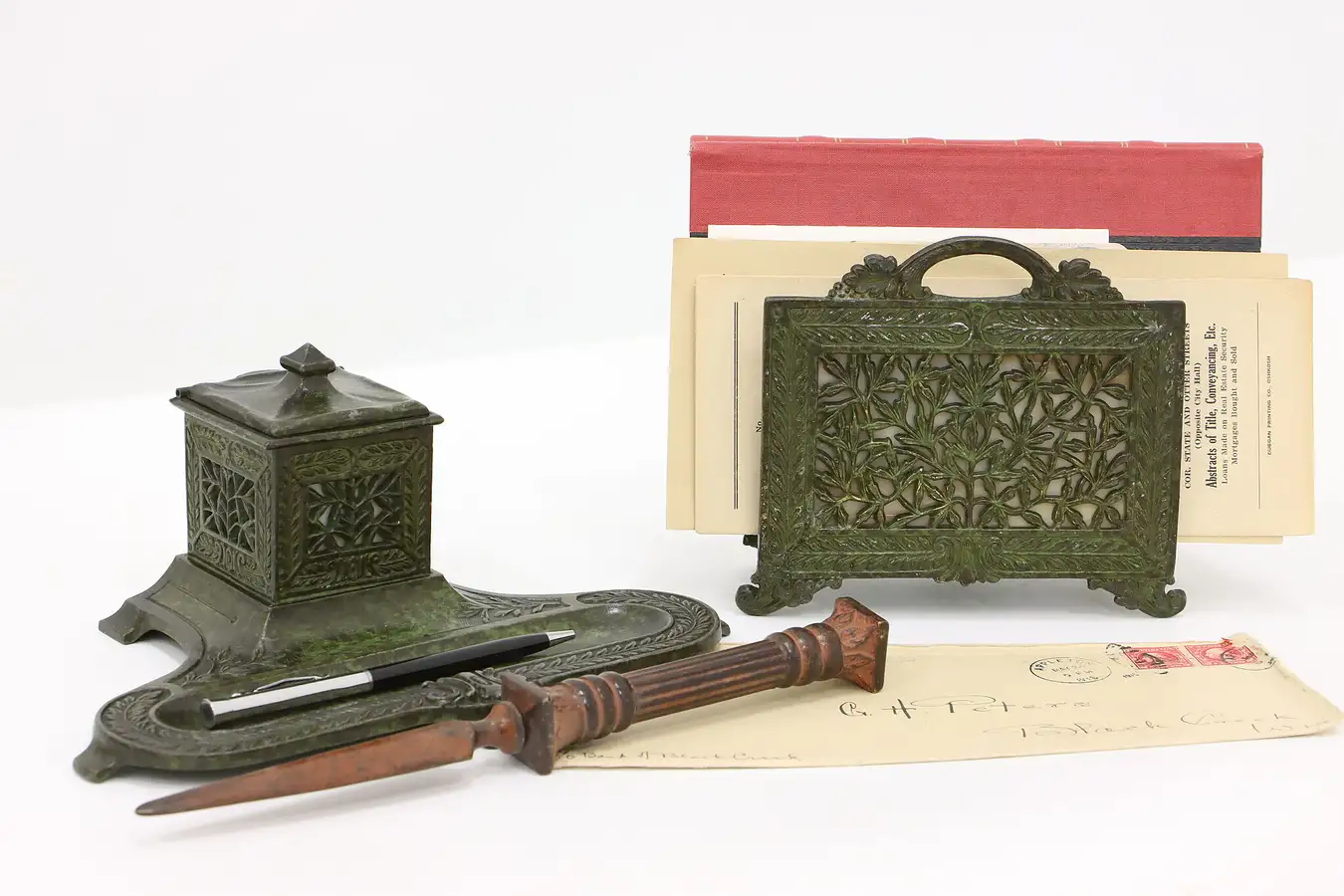 Main image of Arts & Crafts Antique Office or Library Desk Set, Stained Glass Inkwell