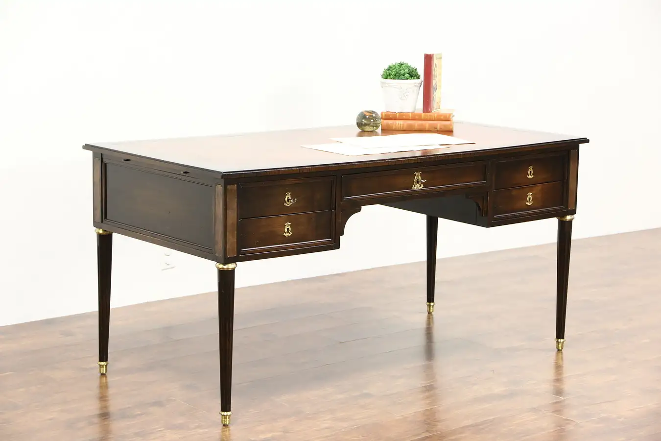 Main image of Louis XVI French Style Vintage Library Writing Desk, Curly Maple, Tooled Leather