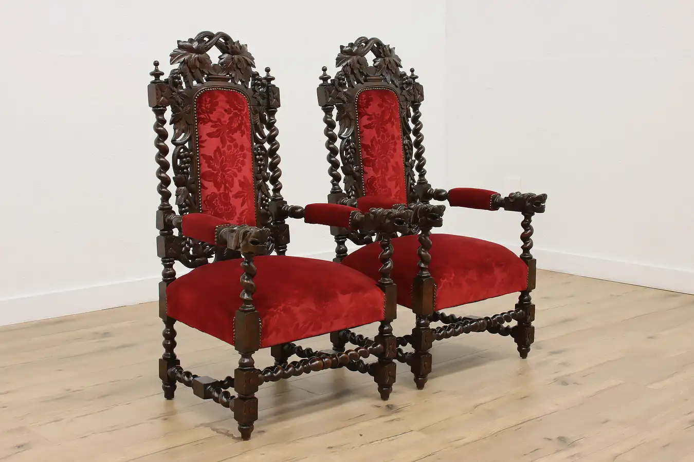 Main image of Pair of Black Forest Antique Oak Throne Chairs, Wolf Arms