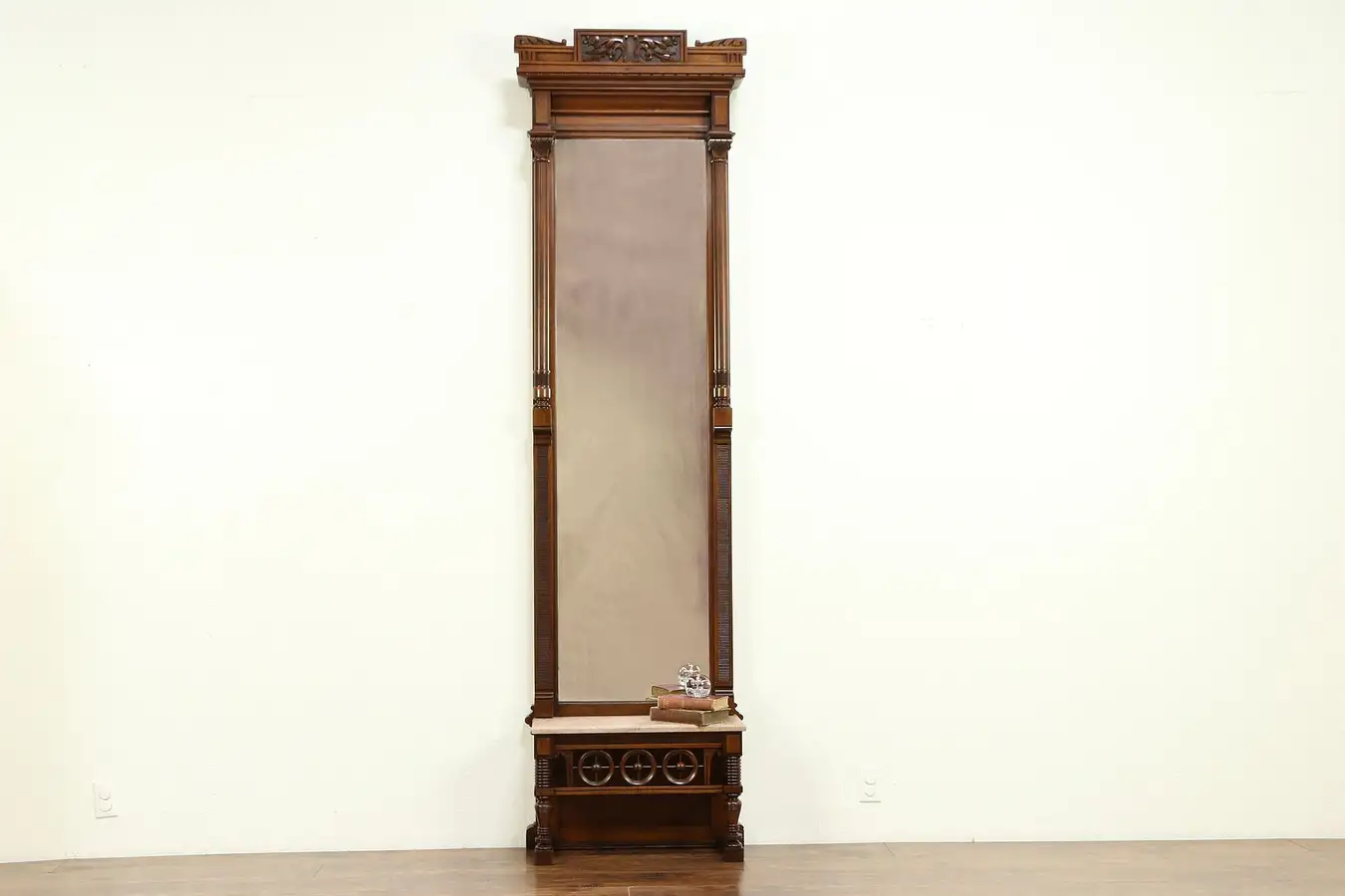 Main image of Victorian Antique Carved Walnut Pier Or Hall Mirror, Marble Shelf