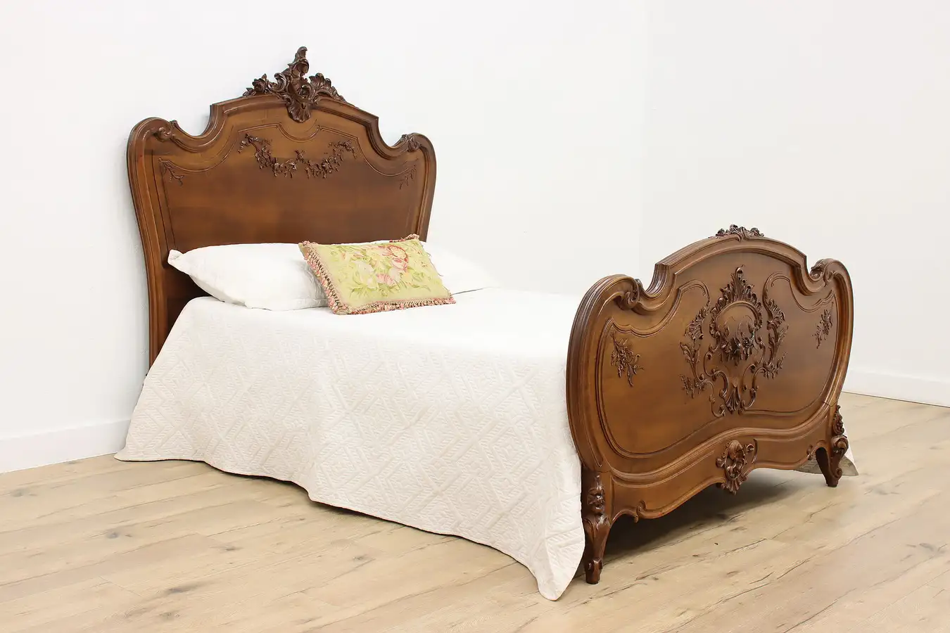 Main image of French Louis XV Antique Walnut Full Size Bed, Carved Flowers