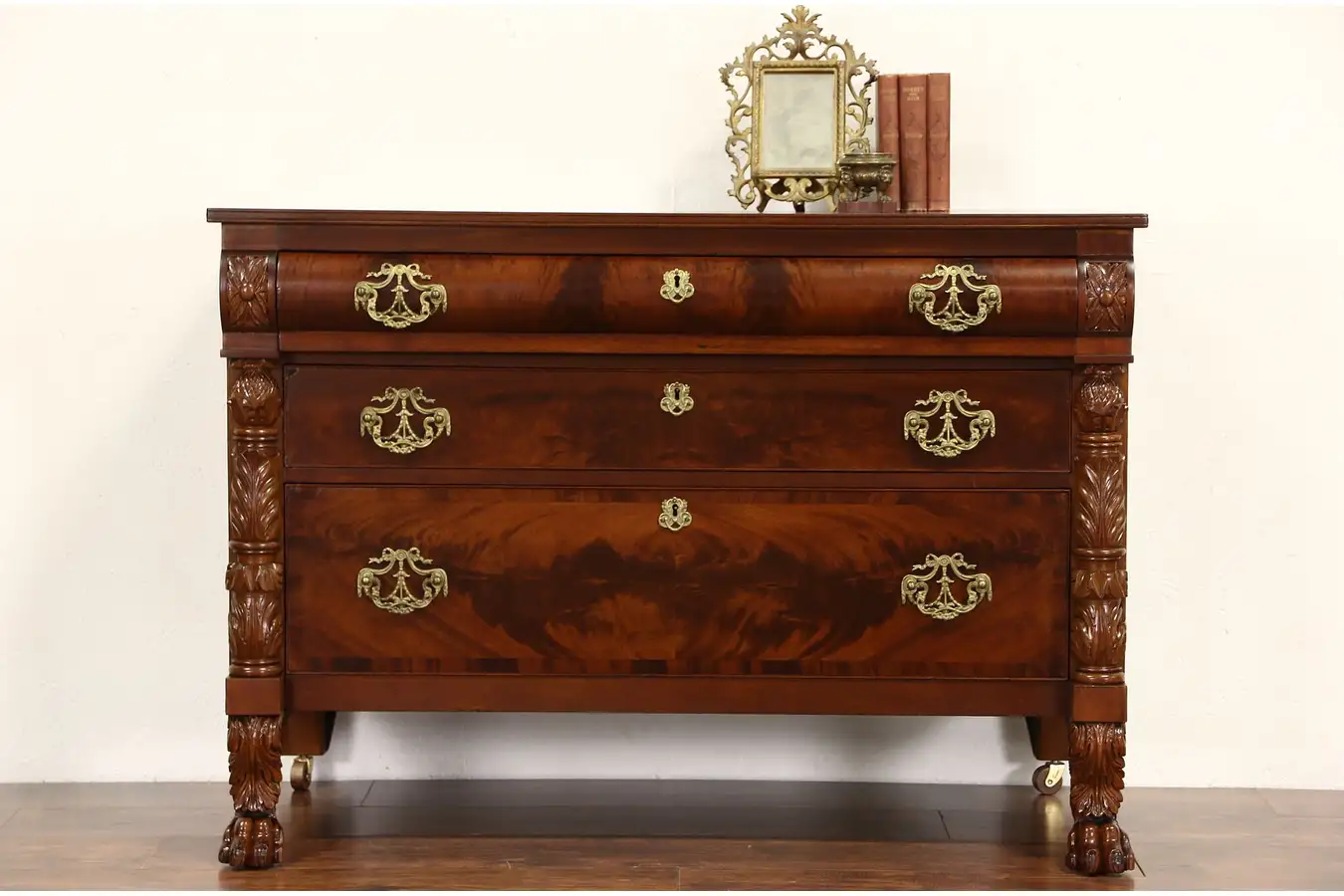 Main image of Empire 1840's Antique Dresser or Linen Chest, Carved Acanthus & Lion Paw Feet
