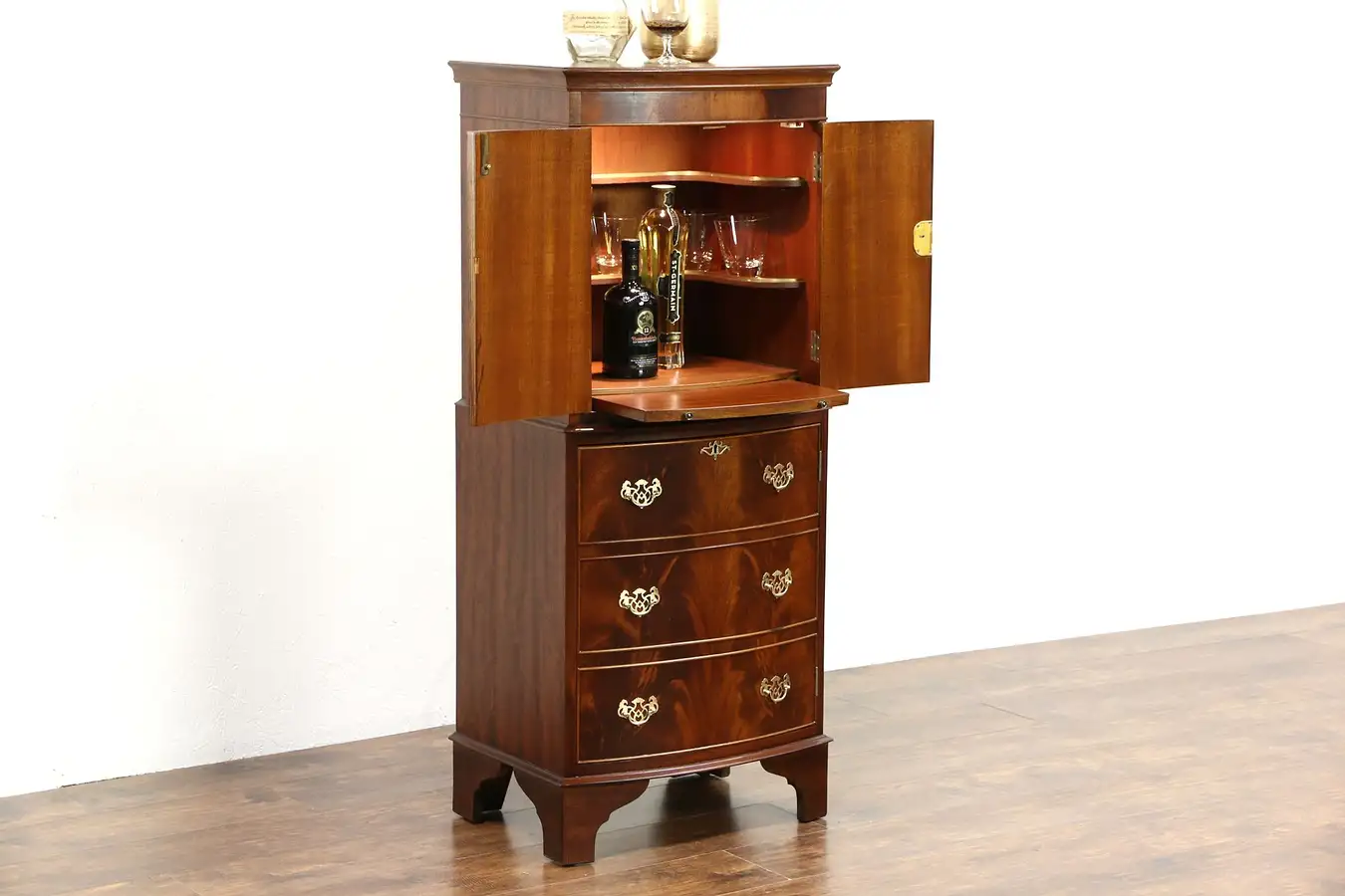 Main image of English Traditional Vintage Lighted Mahogany Bar Cabinet, Signed Burton