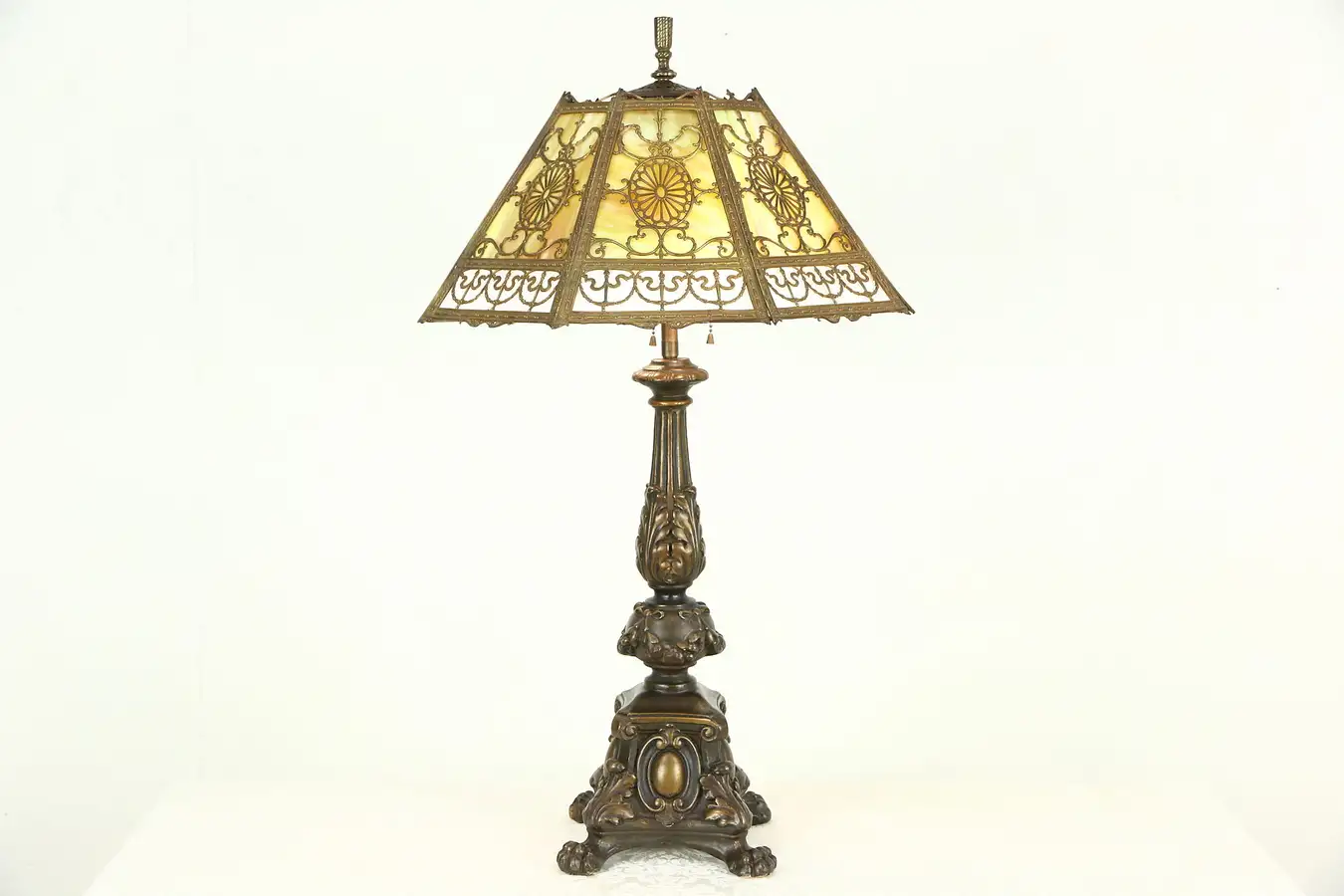 Main image of Stained Glass Shade 1915 Antique Lamp, Carved Hand Painted Base