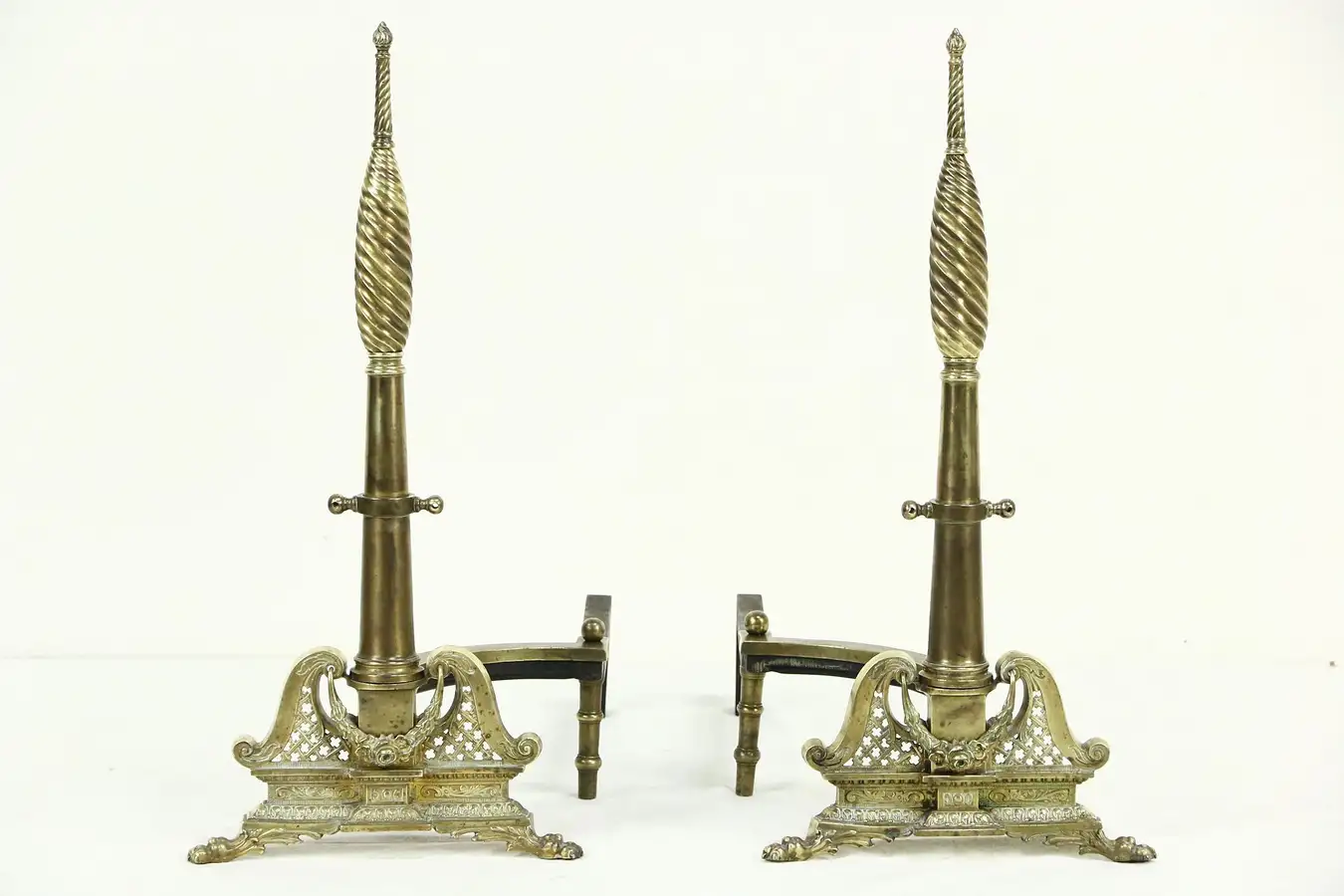 Main image of Pair Antique Brass Fireplace Andirons, Claw Feet, Spiral Columns