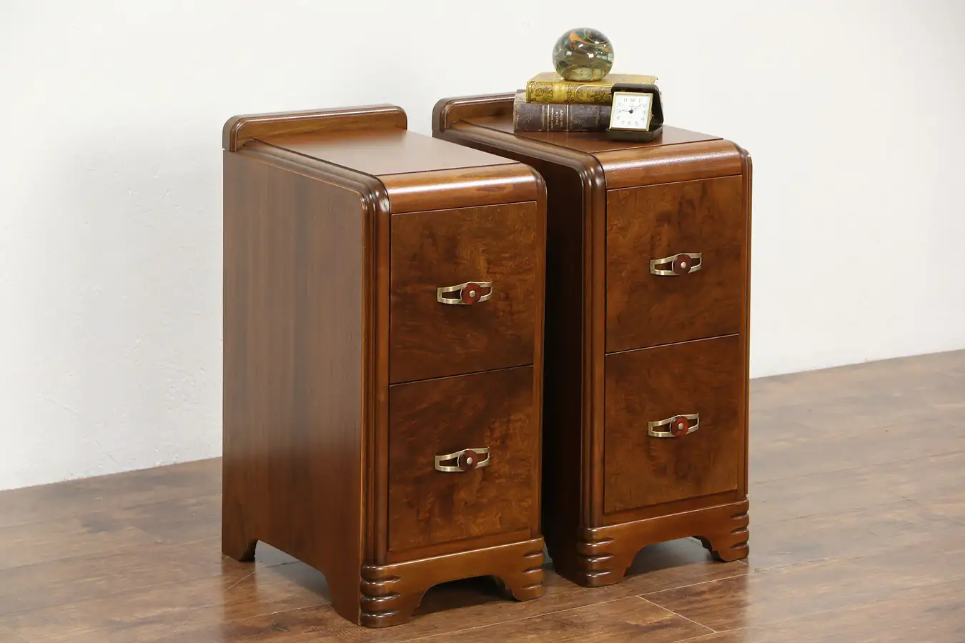 Main image of Pair Art Deco Waterfall 1935 Vintage Walnut Burl Nightstands, Bakelite Pulls
