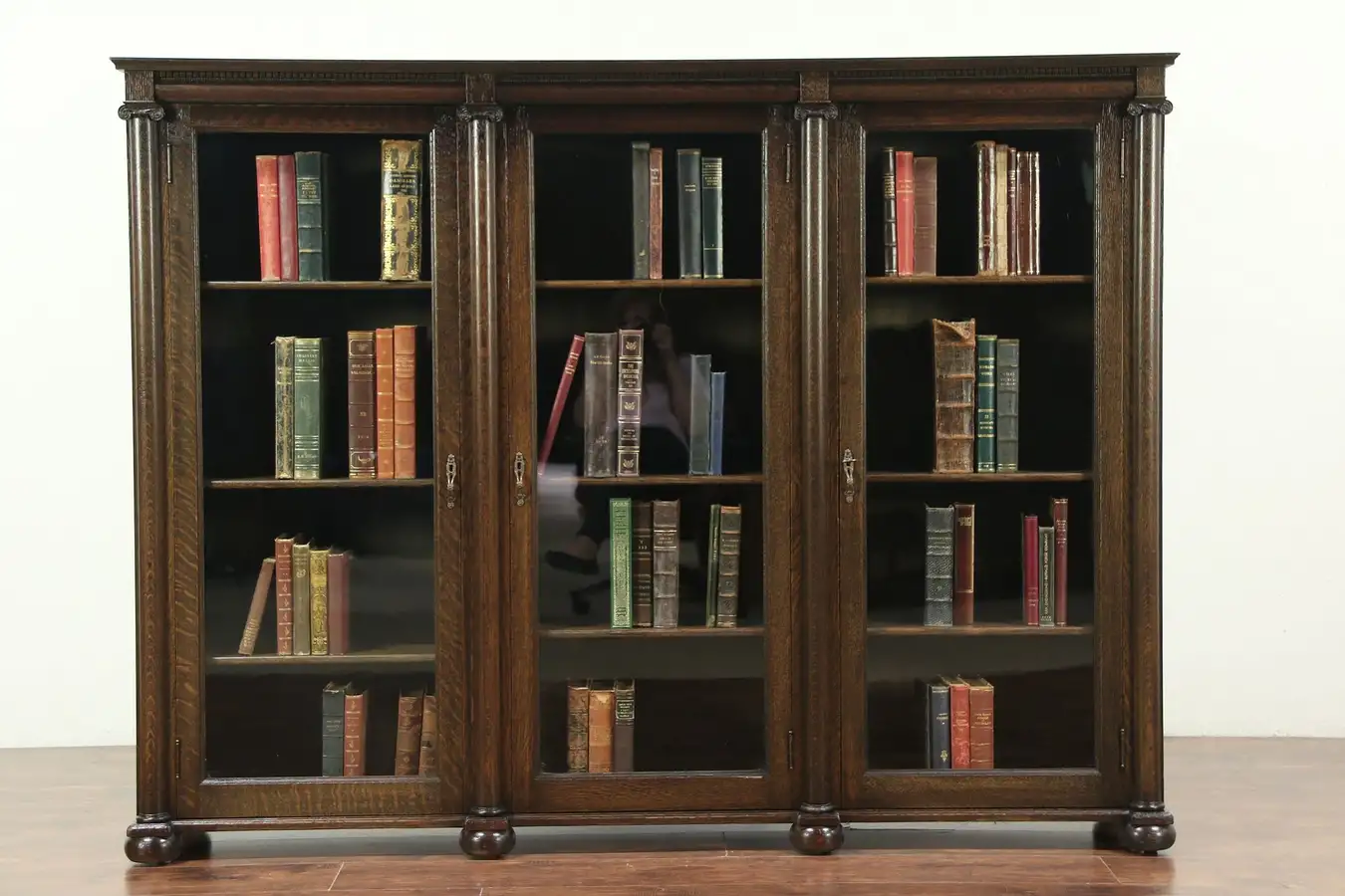 Main image of Oak Classical Antique Triple Library Bookcase, Adjustable Shelves