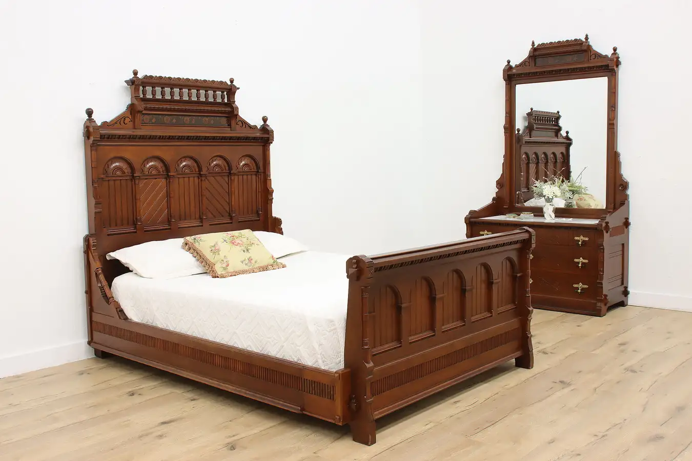 Main image of Victorian Eastlake Antique Walnut & Marble Queen Bedroom Set