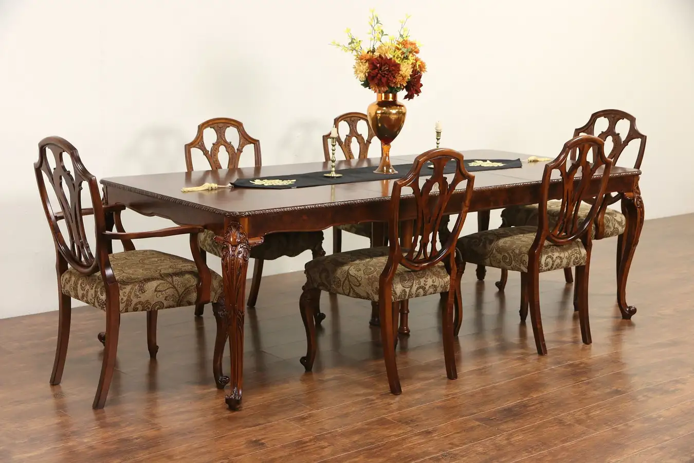 Main image of Carved 1940's Vintage Dining Set, Burl Table & 2 Leaves, 6 Chairs New Upholstery