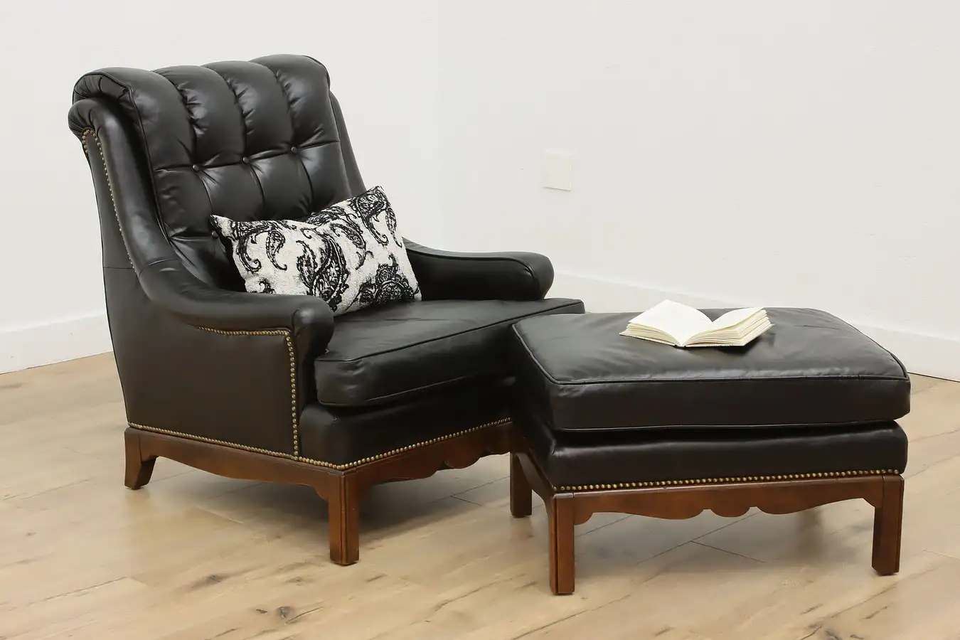 Main image of Georgian Vintage Birch & Black Leather Chair w/ Ottoman