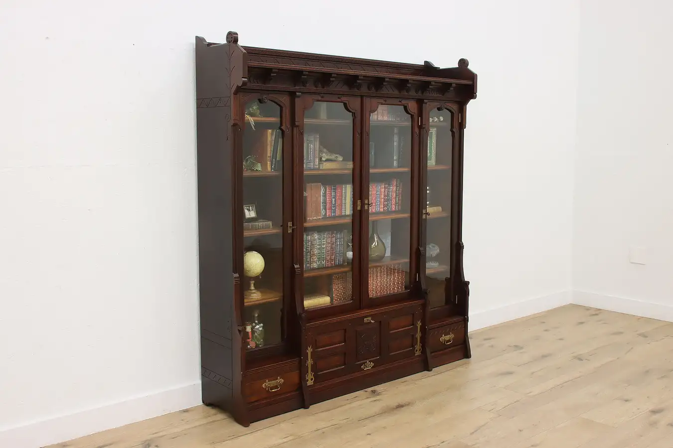 Main image of Victorian Eastlake Antique Carved Walnut Bookcase or Display