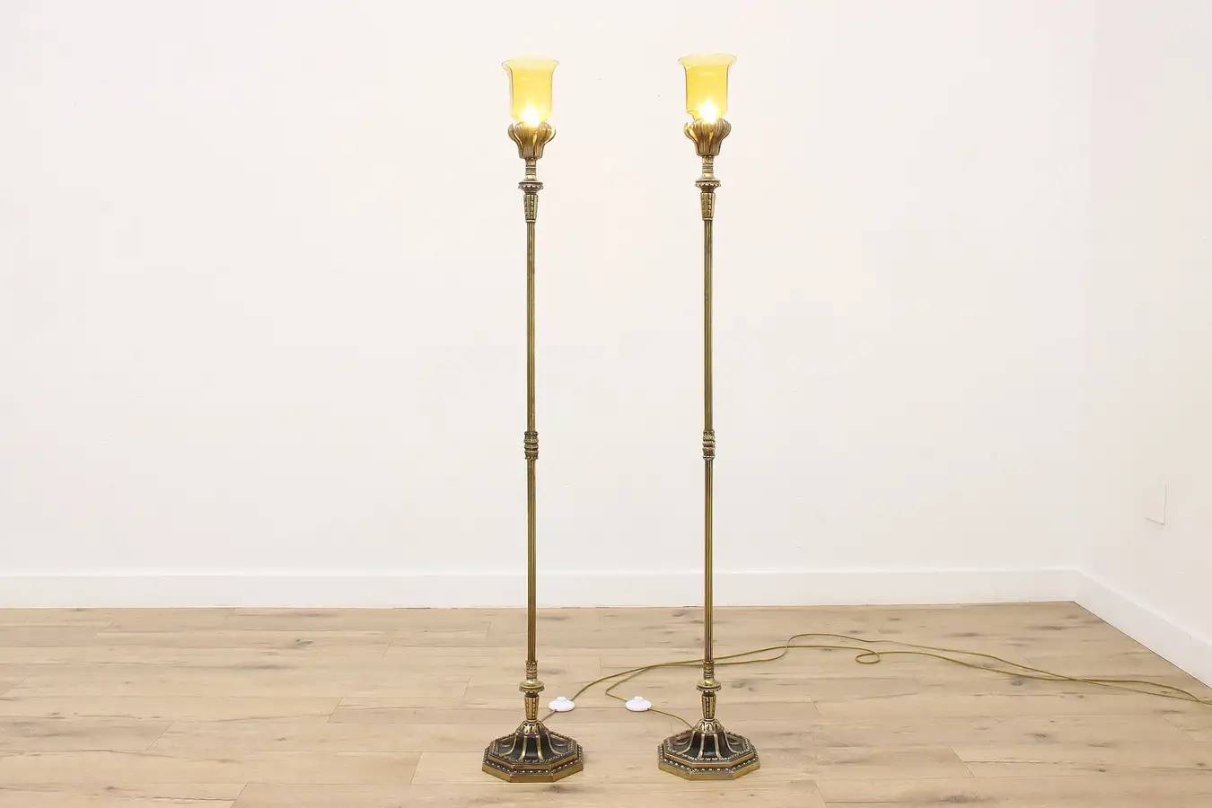 Main image of Pair Antique Tudor Lantern Floor Lamps Amber Shades