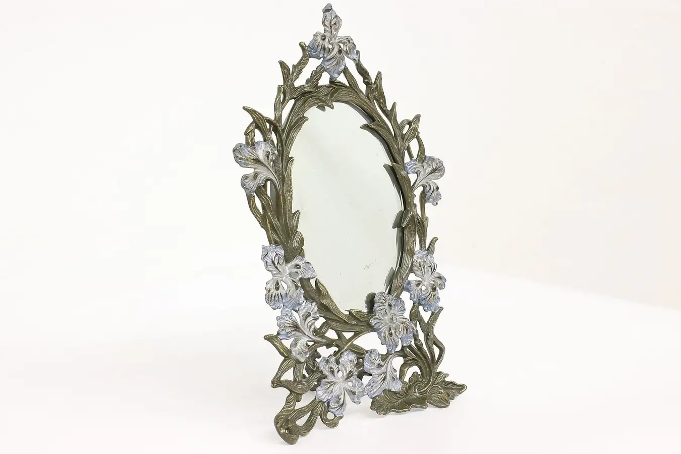 Main image of Art Nouveau Antique Cast Iron & Painted Floral Tabletop Mirror