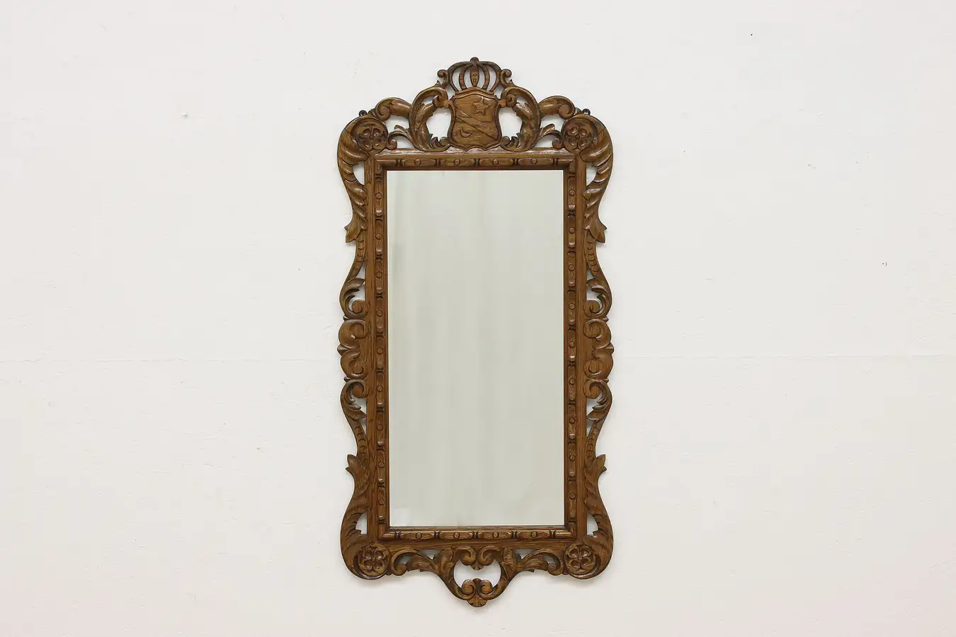 Main image of Moon & Star Shield Vintage Carved Oak Wall Hanging Mirror