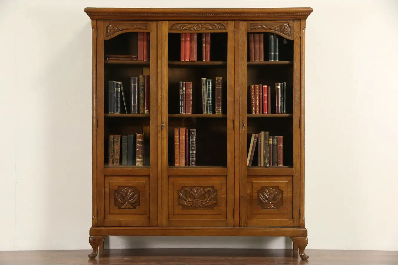 Main image of Carved Oak 1915 Antique Scandinavian 3 Door Bookcase, Adjustable Shelves