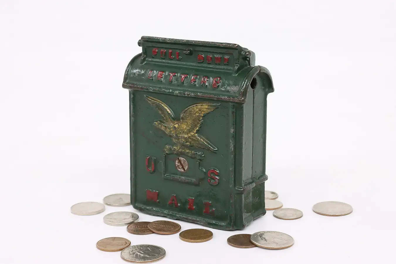 Main image of Cast Iron Antique US Mail Mailbox Coin Bank, Original Paint