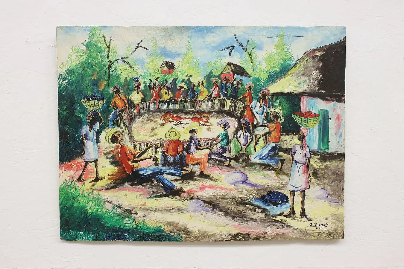 Main image of Village Rooster Fight Vintage Original Painting, Thomas 27"