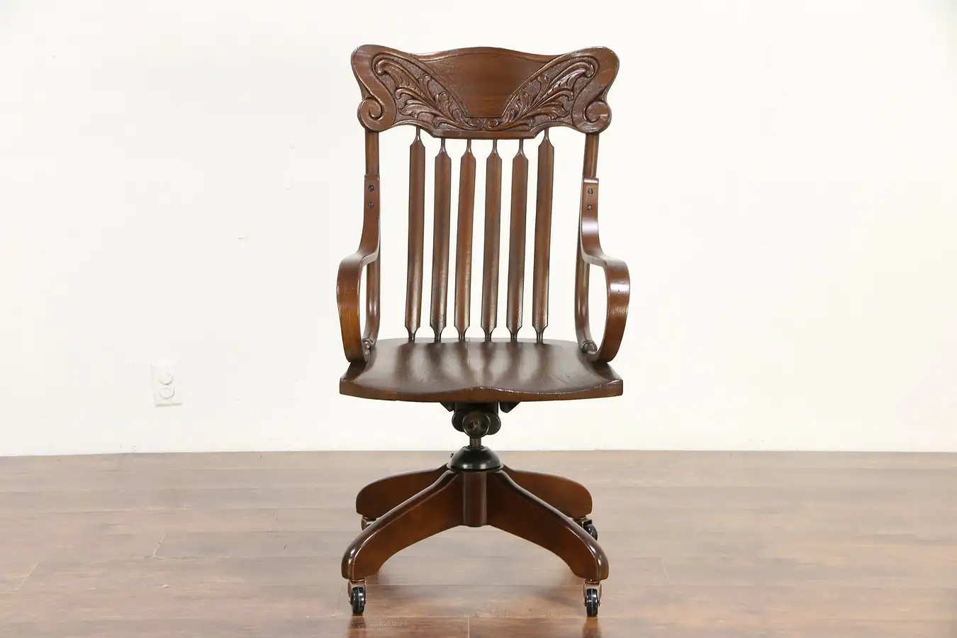 Main image of Victorian Antique Elm Swivel Adjustable Desk Chair, Carved Press Back