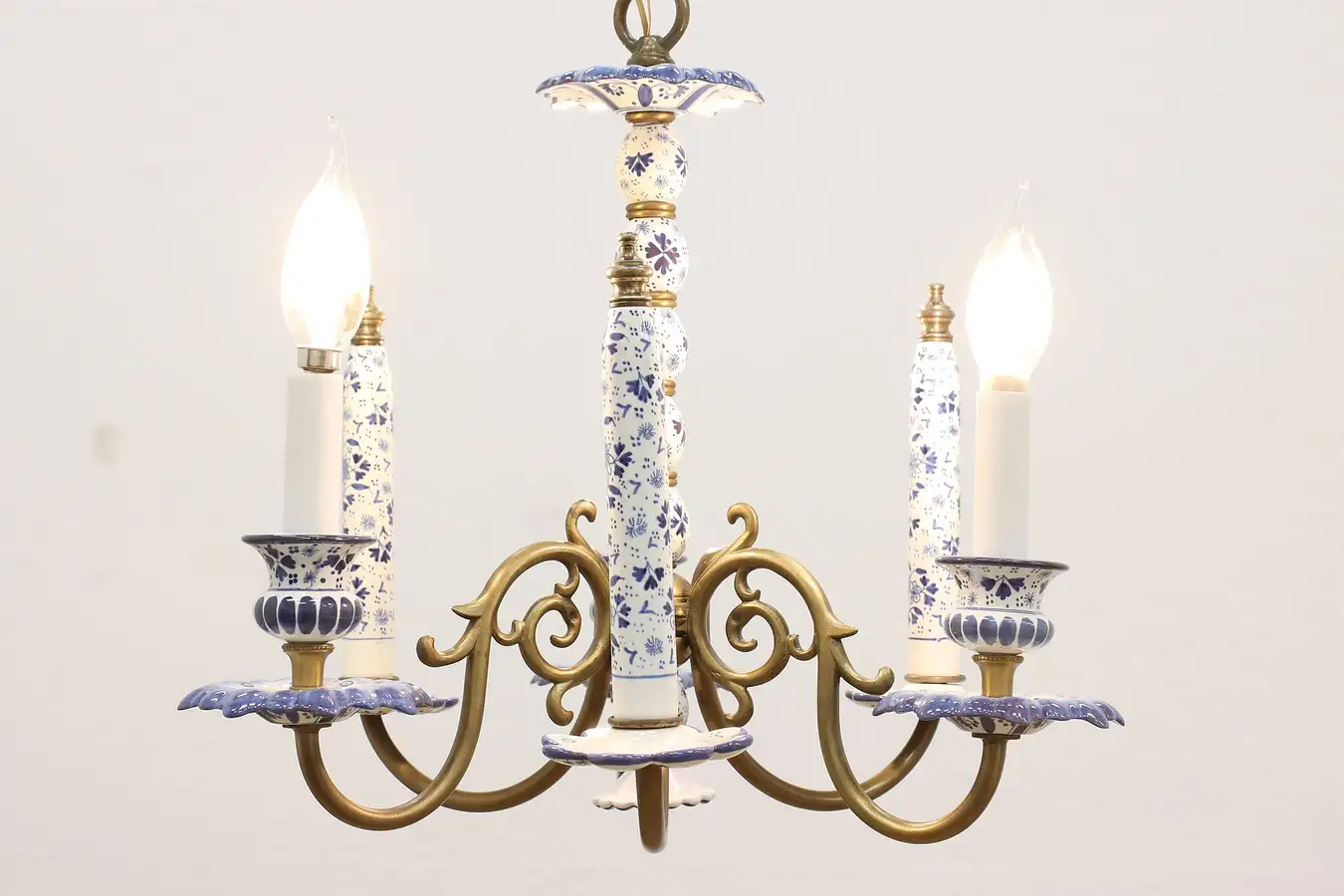 Main image of Traditional Vintage Dutch Blue Delft China & Brass Chandelier