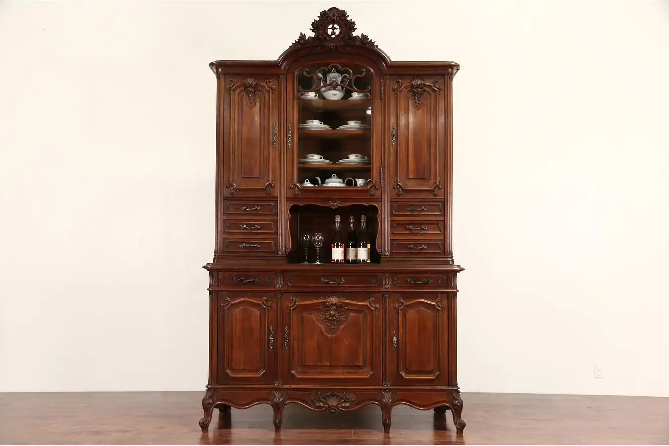 Main image of French Carved Walnut 1890's Antique Sideboard & China Cabinet, Beveled Glass