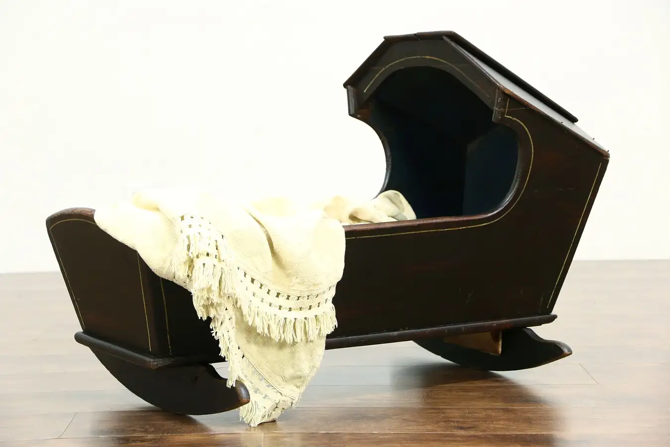 Main image of New England Antique 1840 Rocking Baby Cradle with Hood, Original Paint