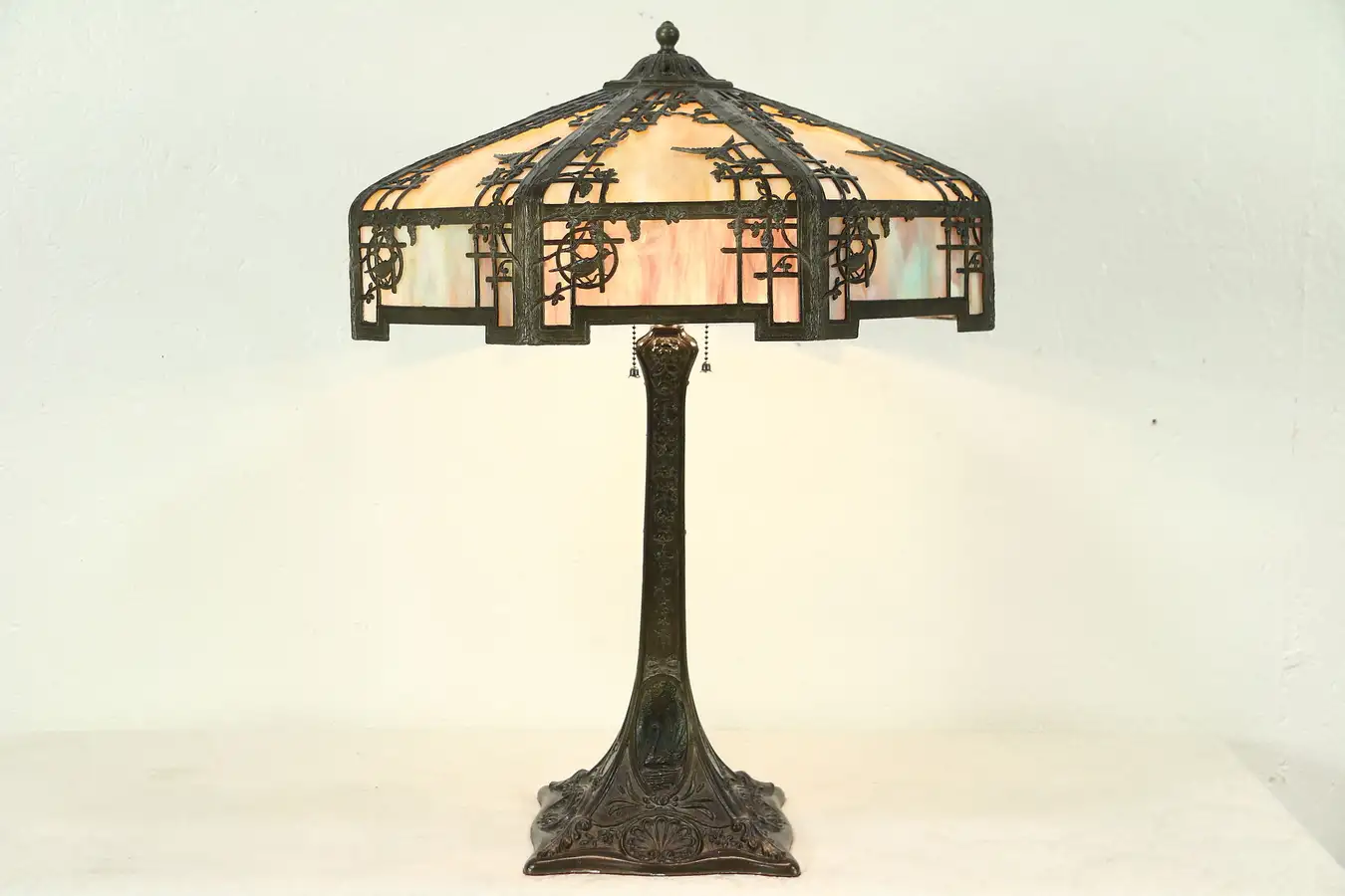 Main image of Table Lamp, 1920 Antique Stained Glass Shade, Birds, Swans & Grapevine Motifs