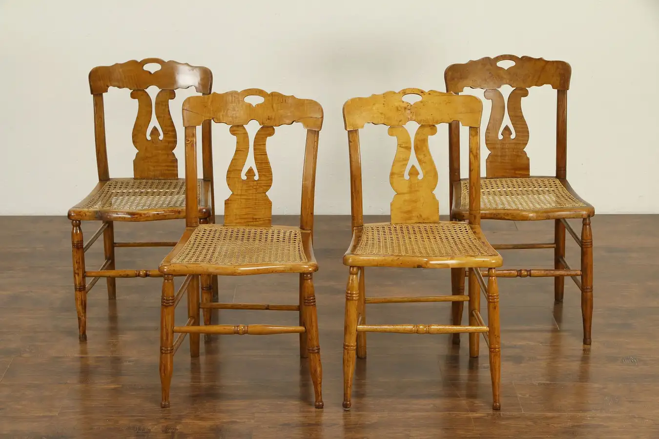 Main image of New England Curly Maple Antique 1825 Lyre Back Set of 4 Dining Chairs