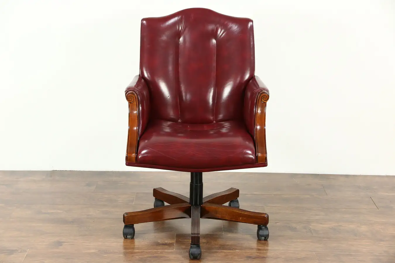 Main image of Desk Swivel Chair, Adjustable Vintage Leather & Mahogany, Signed Councill