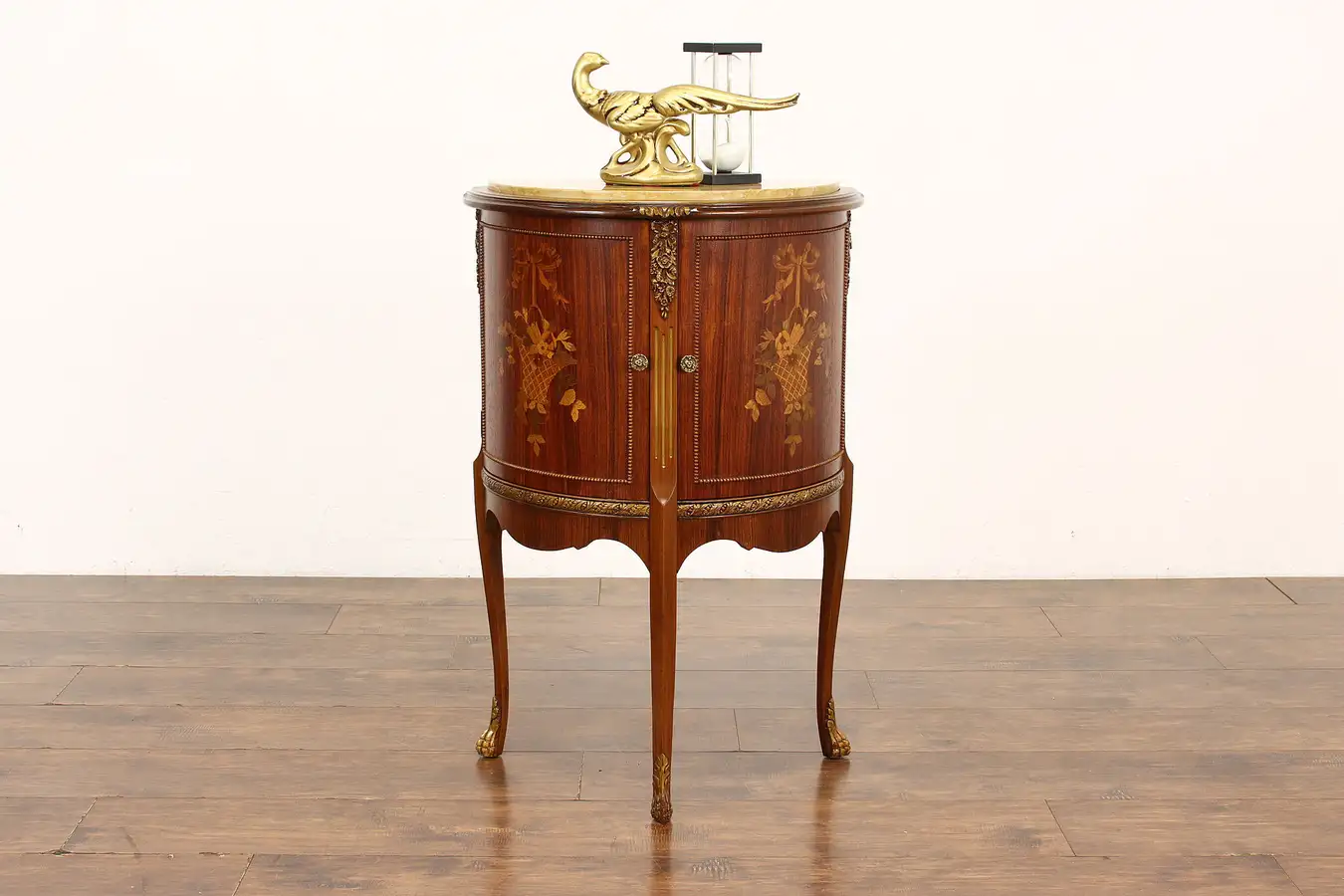 Main image of French Vintage Marquetry Demilune Nightstand or End Table, Marble Top