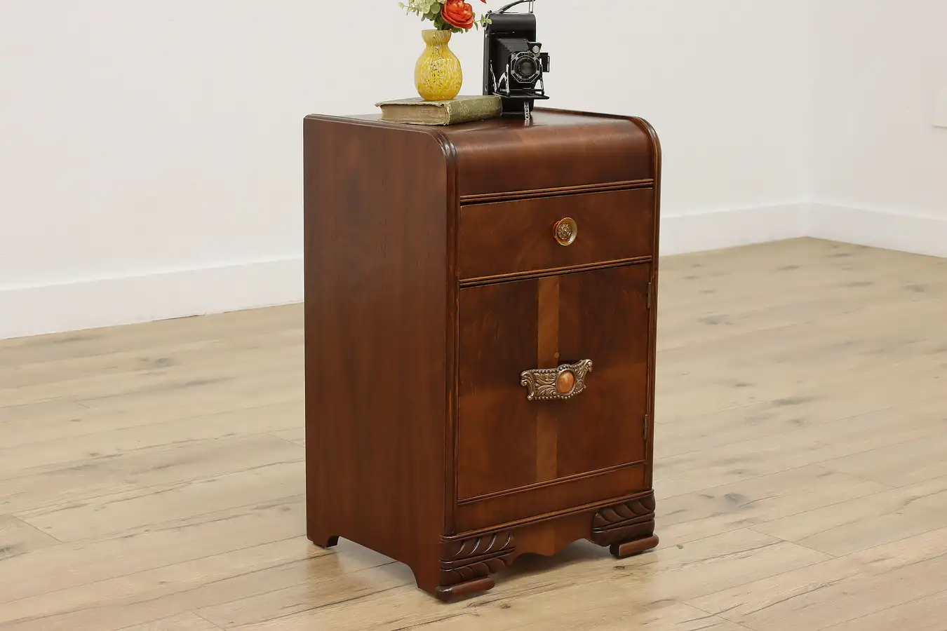 Main image of Art Deco Waterfall Vintage Walnut Nightstand or End Table
