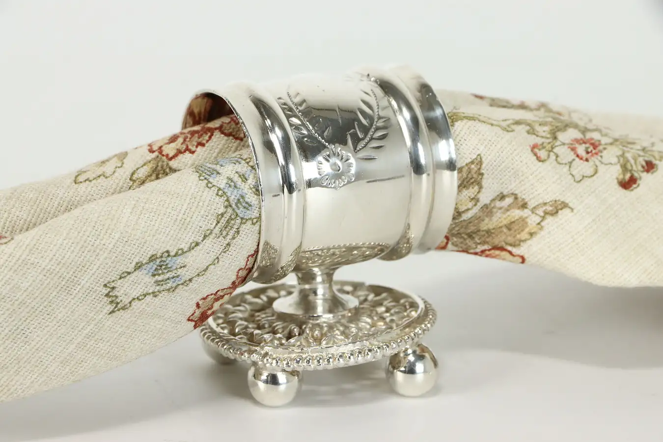 Main image of Victorian Antique Silverplate Napkin Ring with Engraved Floral Designs