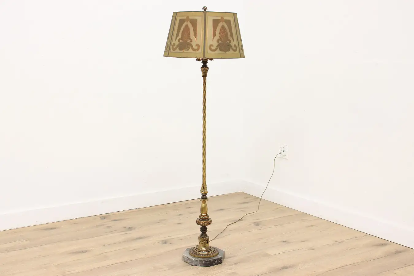 Main image of Brass Antique Floor Lamp, Painted Screen Shade, Marble Base