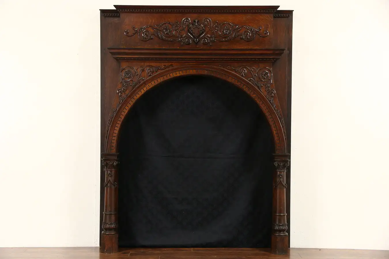 Main image of Romanesque 1880 Antique Architectural Salvage Oak Fireplace Mantel