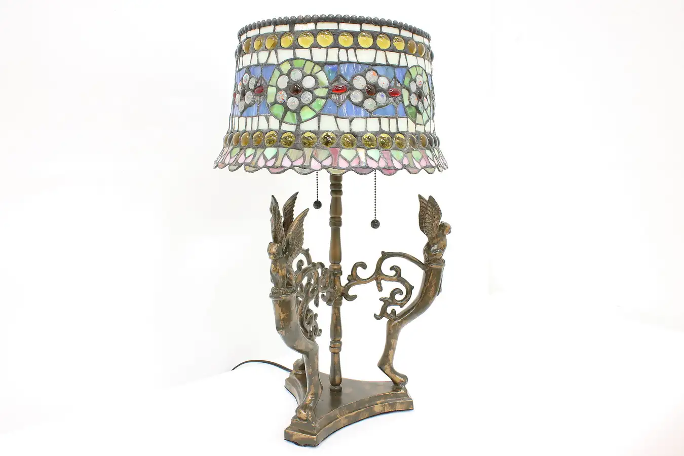 Main image of Classical Vintage Lamp, Stained Glass Shade, Gargoyle Base