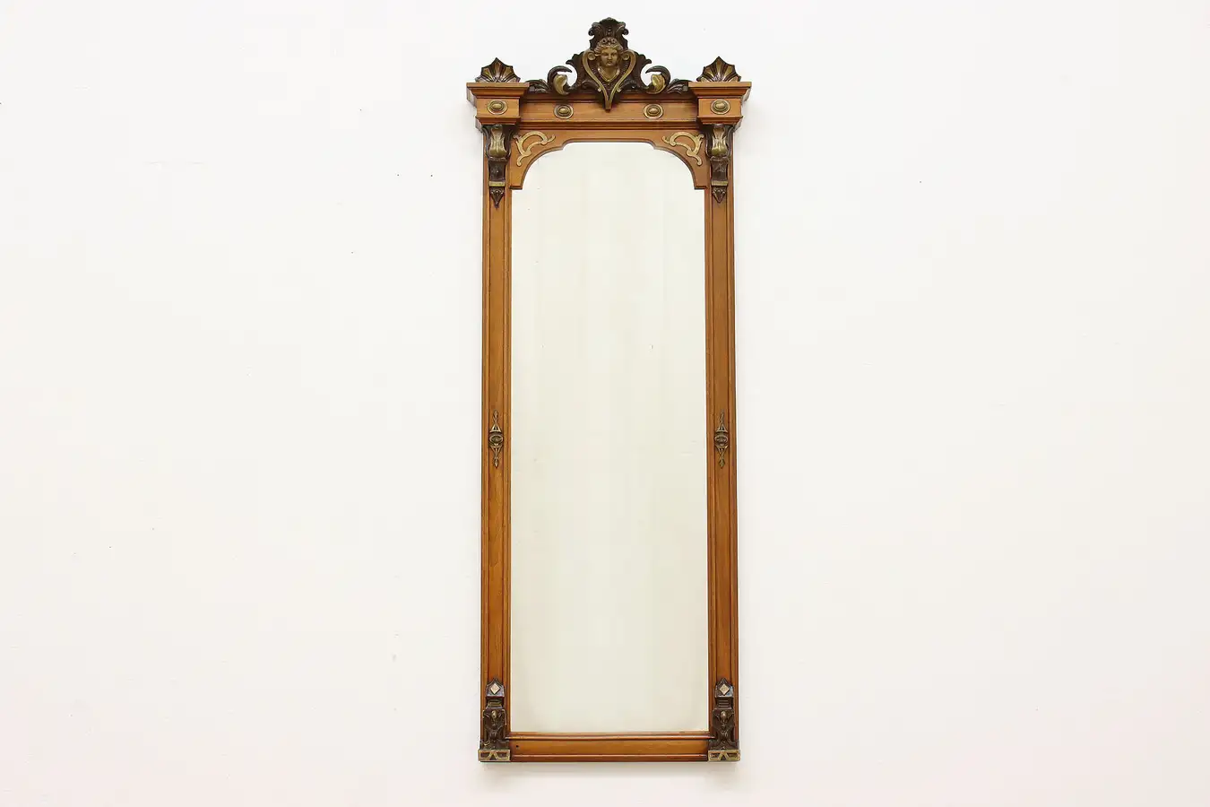 Main image of Victorian Antique Walnut Hall Entryway Mirror, Carved Head