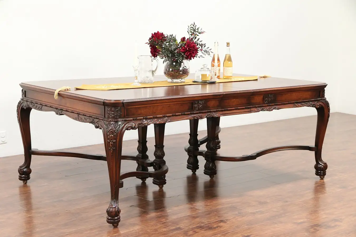 Main image of Renaissance Carved Antique Dining Table, 4 Leaves, Ebony Marquetry