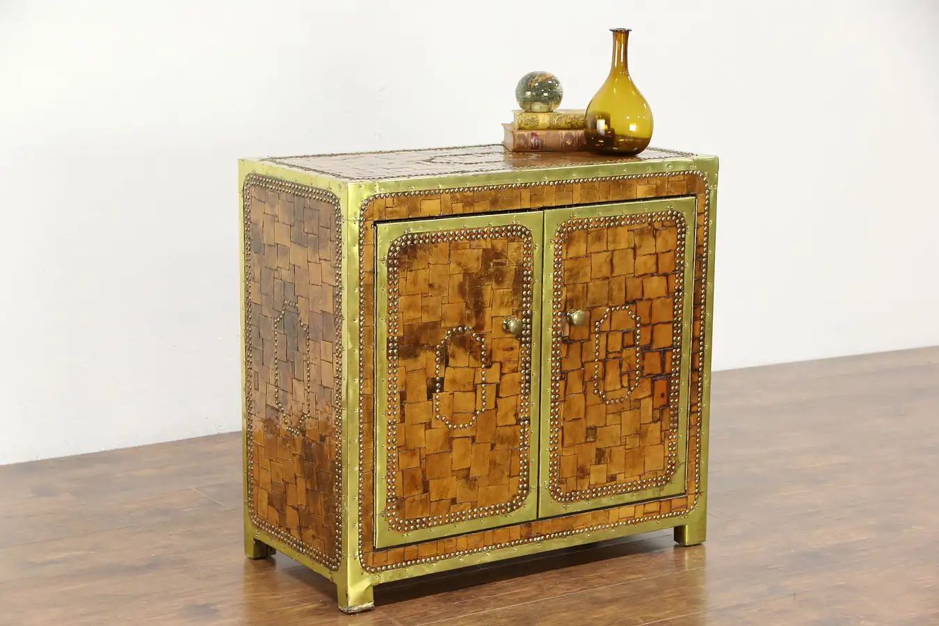 Main image of Mosaic Leather & Brass Nailhead Vintage Console Cabinet