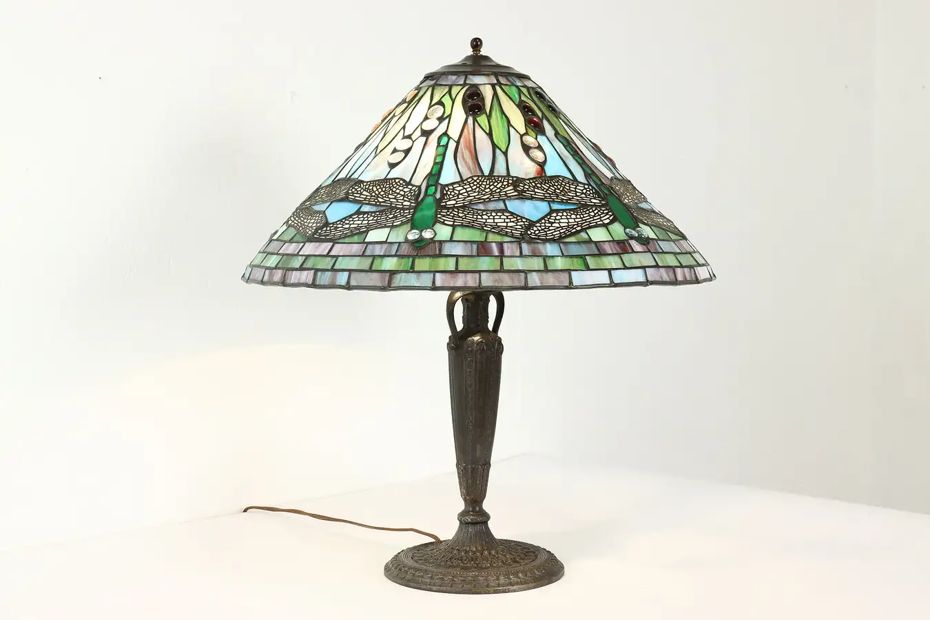 Main image of Tiffany Design Stained Leaded Glass Dragonfly Vintage Office Library Lamp