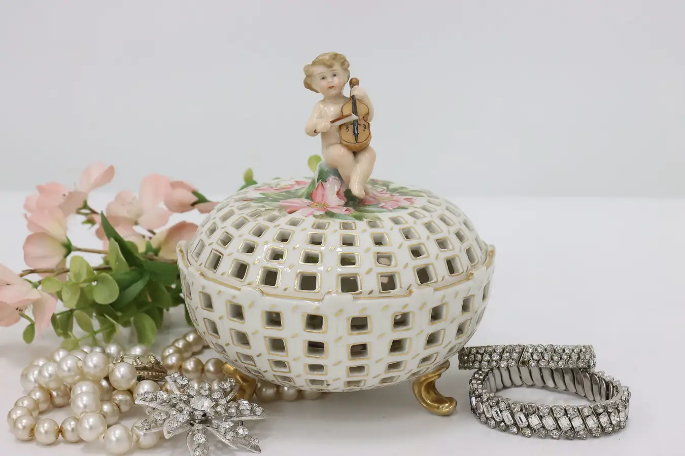 Main image of Victorian Antique Painted Porcelain Candy Dish, Cherub