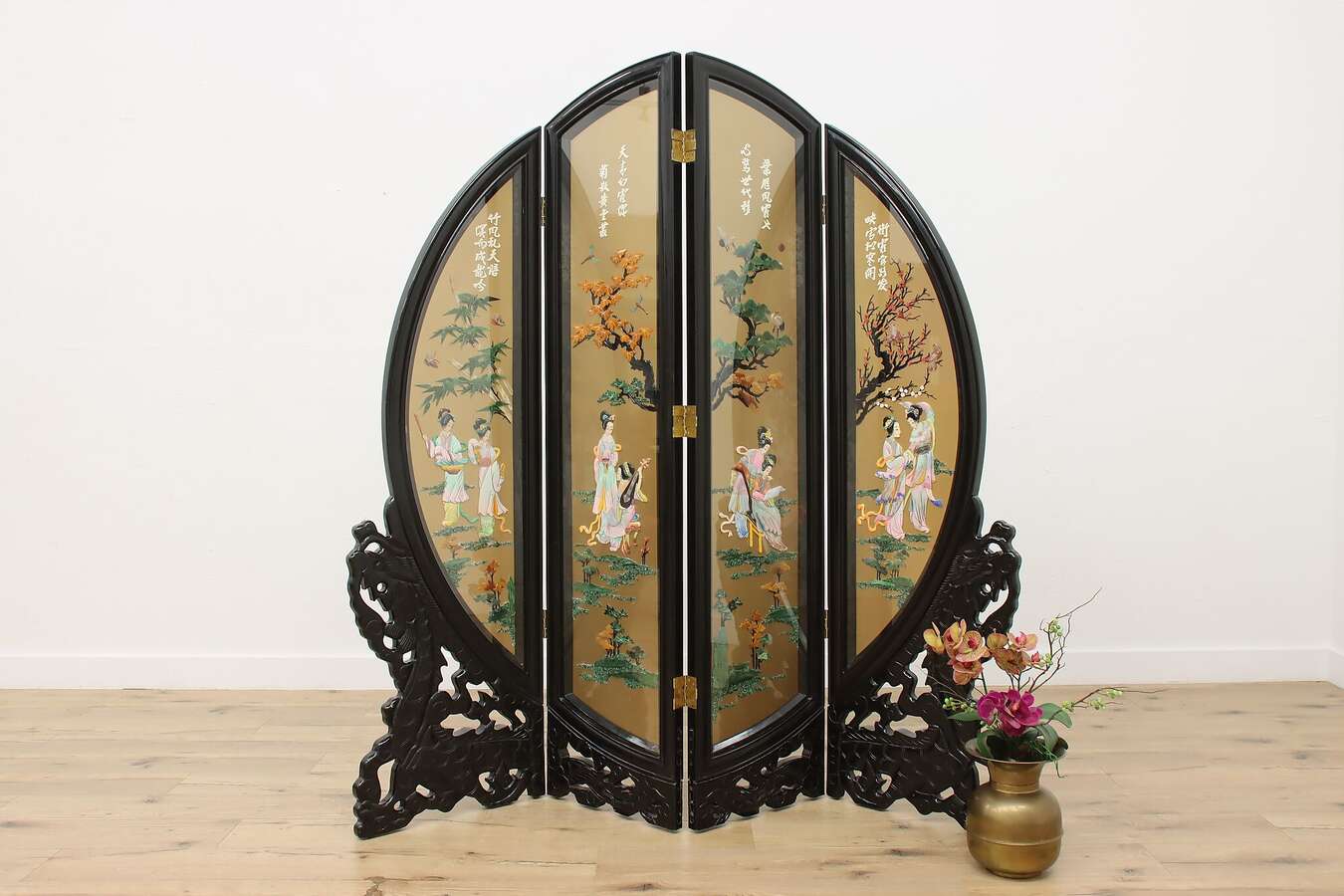 Main image of Japanese Vintage 4 Panel Carved Jade Folding Screen