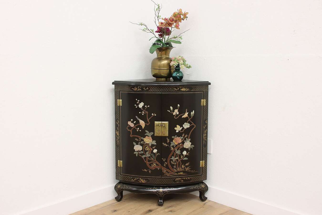 Main image of Chinese Vintage Jade & Lacquer Corner Cabinet Bar Console